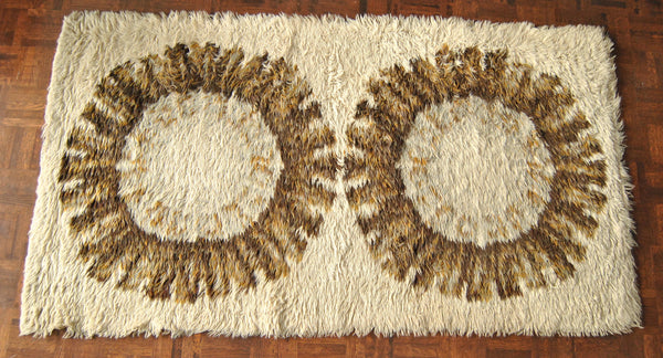 Vintage Wool Rya Rug in Beige Cream Sunburst Pattern Danish Modern